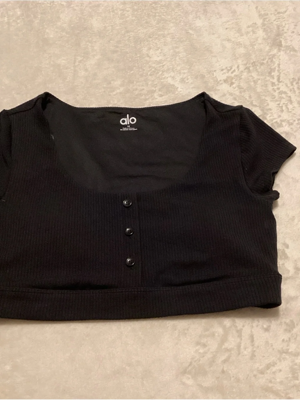 ALO Yoga Black Ribbed Scoop Neck Button-Front Crop Top